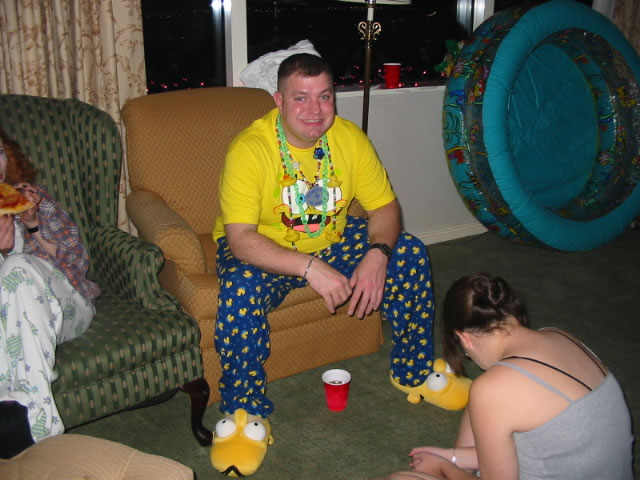 Drew in his Sponge Bob shirt, Rubber Duckie Pajama bottoms and Homer Simpson 